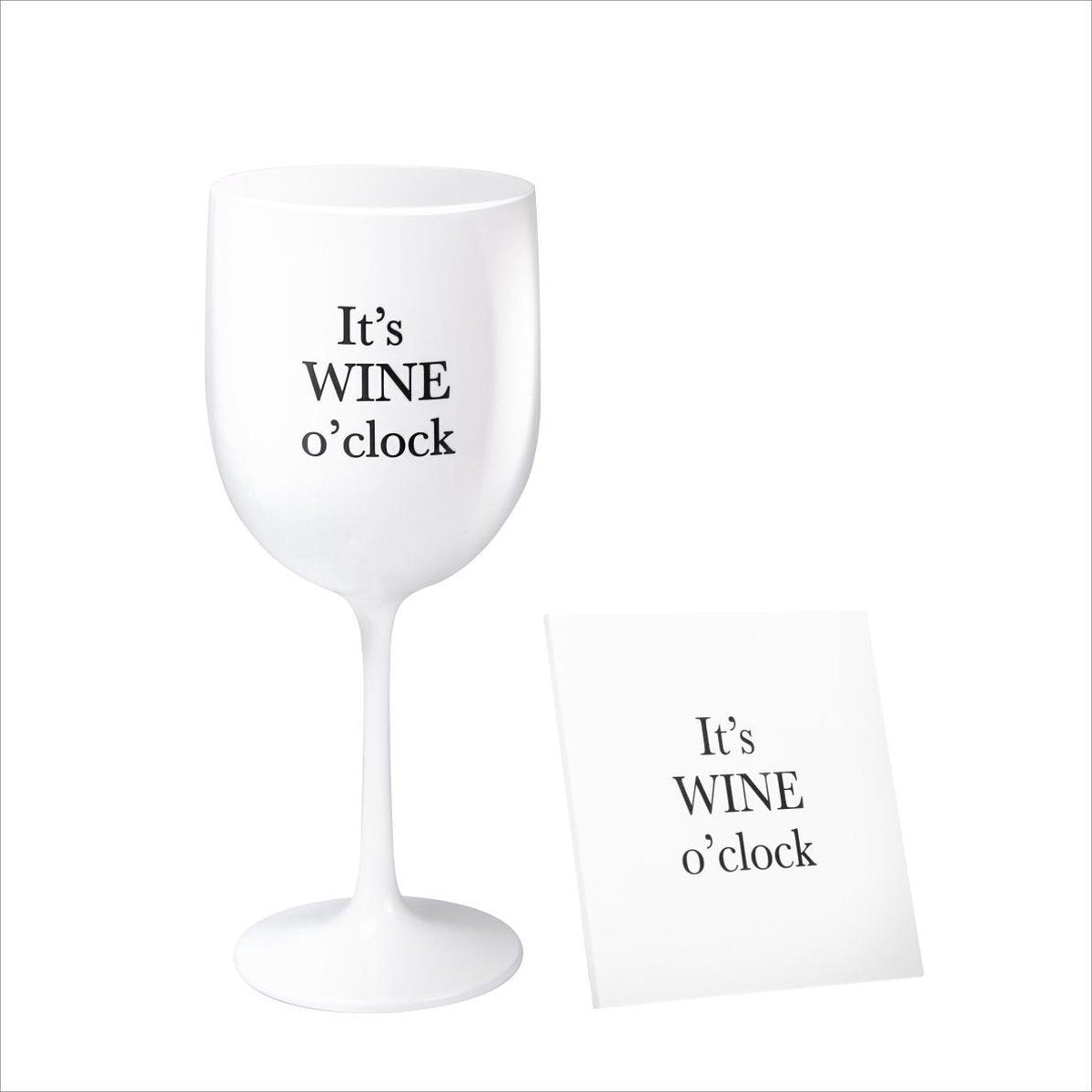 Onbreekbaar wijnglas - met tekst en onderzetters - wit - It's wine O'clock