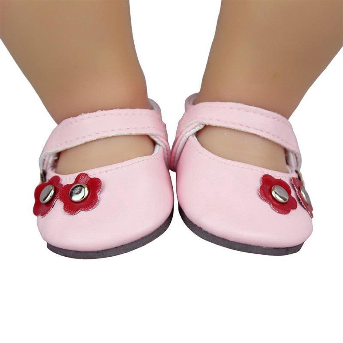 Dolldreams  | Klassieke roze Poppenschoenen met rode bloemetjes - 6