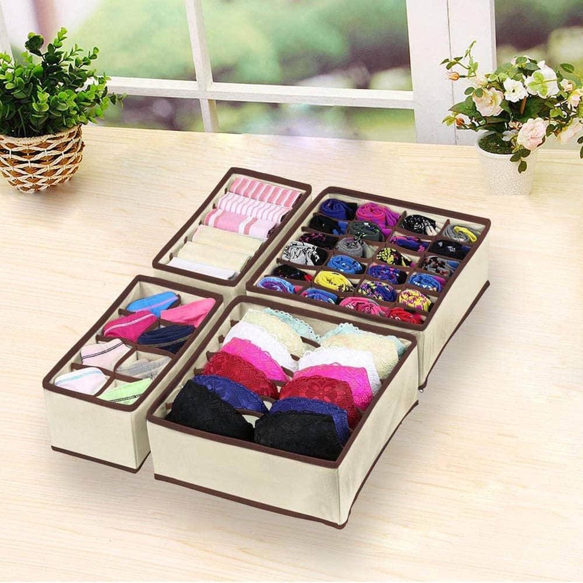 Buxibo Kleding Opbergbox Set - Opvouwbare Kastlade Verdeler / Onder Bed Organizer Opberger - BH/Sokken/Ondergoed - Opbergsysteem Met Vakken - 4 Stuks - Beige
