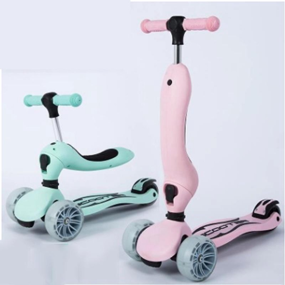 Step - Extra brede banden + lichtjes - Kinderstep - 2 in 1 - Loopfiets - Buitenspeelgoed - Mintgroen