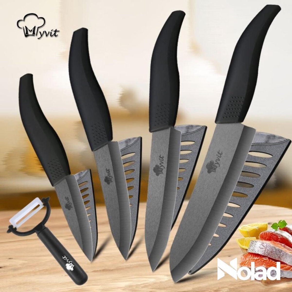 Nolad® Premium Keukenmessen Set - Keramische Keukenmessen Set - 5 in 1 Set - Keukenmessen - messenset - inclusief schiller - Zwart