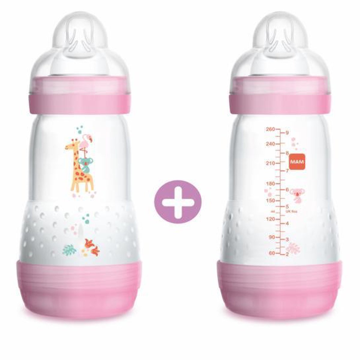 MAM 2x 260ml ANTI-COLIC ZUIGFLES 2+ Medium flow Roze
