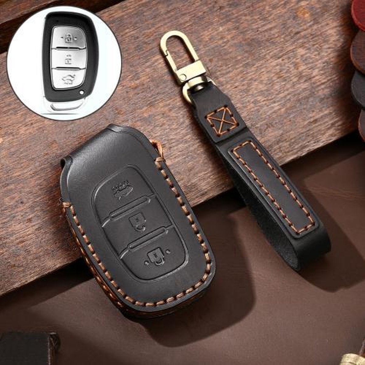 Hallmo Auto Koeienhuid Lederen Sleutel Beschermende Cover Sleutel Case voor Hyundai IX35 B Stijl (Zwart)