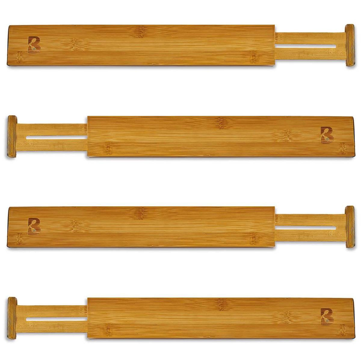 KitchenBrothers Bamboe Lade Organizer voor Bestek/Keuken/Bureau/Make-Up – Bamboo Ladeverdelers Uitschuifbaar – Bestekbak - Verstelbare Opbergbak - Set: 4 Stuks - Hout