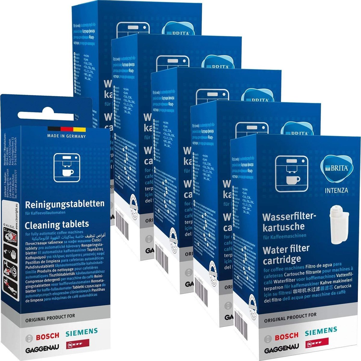 5x Brita Intenza Waterfilter - Bosch - Siemens waterfilter TCZ7003 / TZ70003 / 575491 + Bosch/Siemens Reinigingstabletten