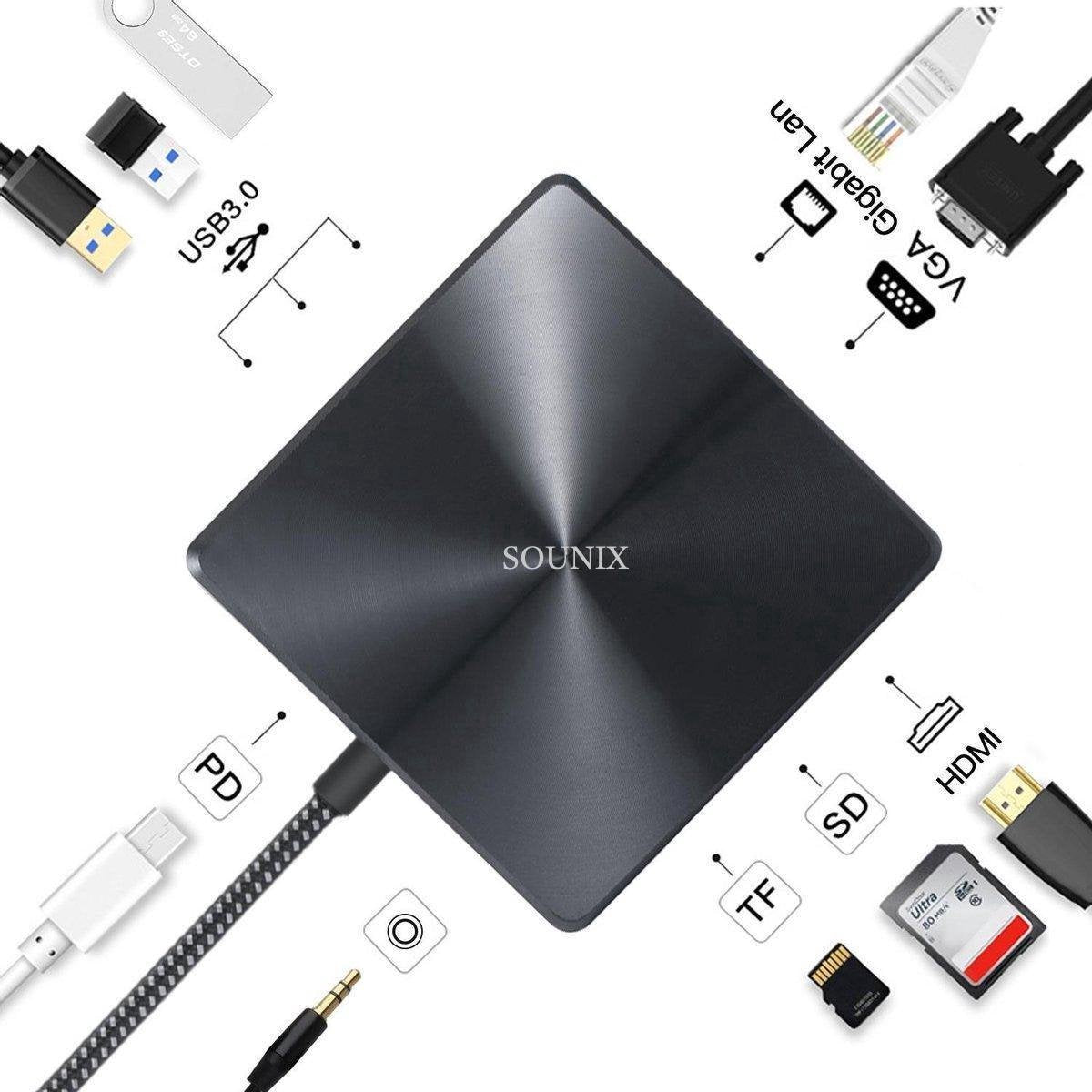 Sounix 10 in 1 USB-C adapter voor MacBook  met 4K HDMI & VGA en 8 andere poorten voor elke situatie - USB-C Adapter Pro-Sliver