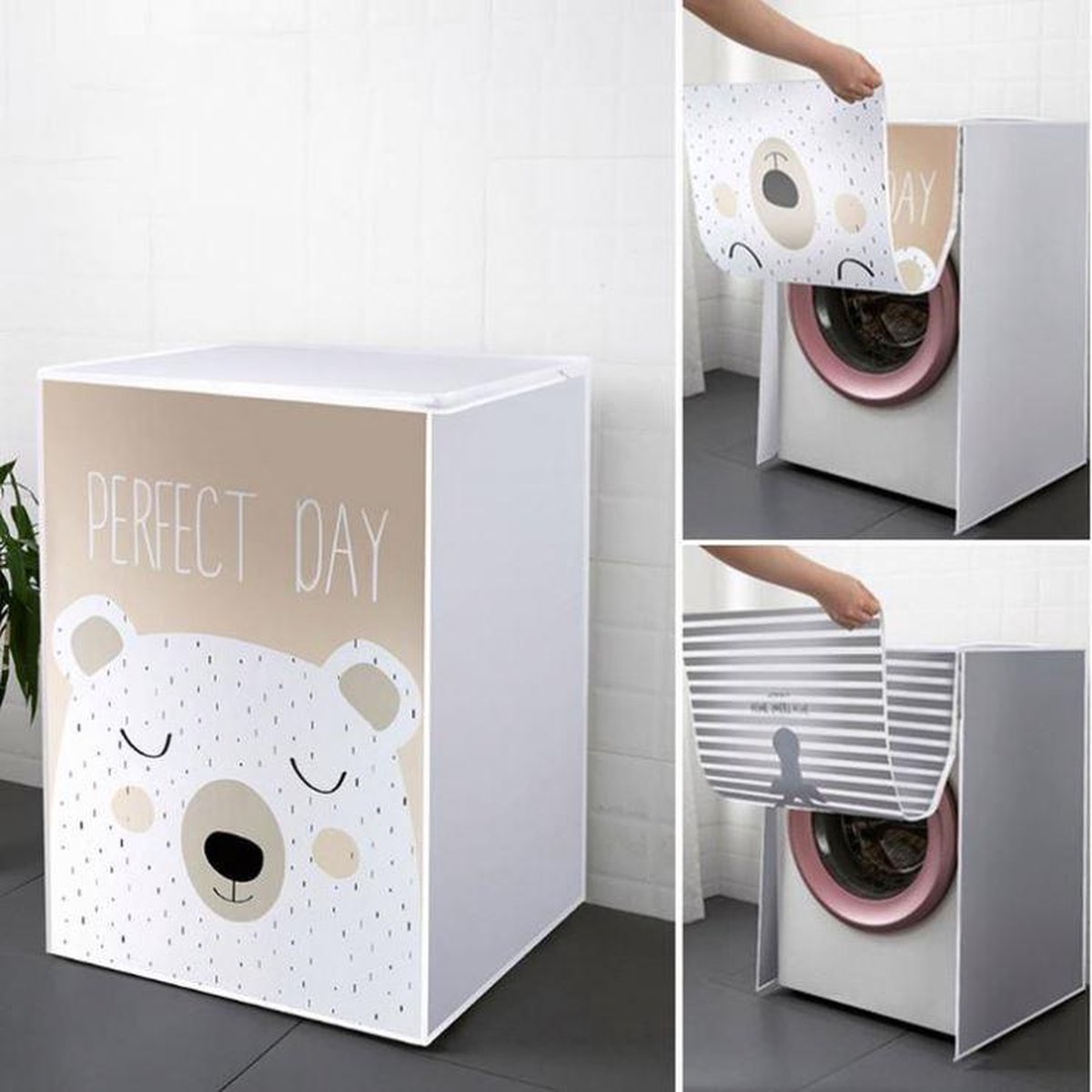 Wasmachinehoes - Wasdroger beschermhoes - Wasmachine cover - Sierhoes Wasdroger - Bruin/Wit - Perfect Day - Wasmachine stofdichte hoes - Waterdichte stofbescherming - Washing Machine Cover met rits