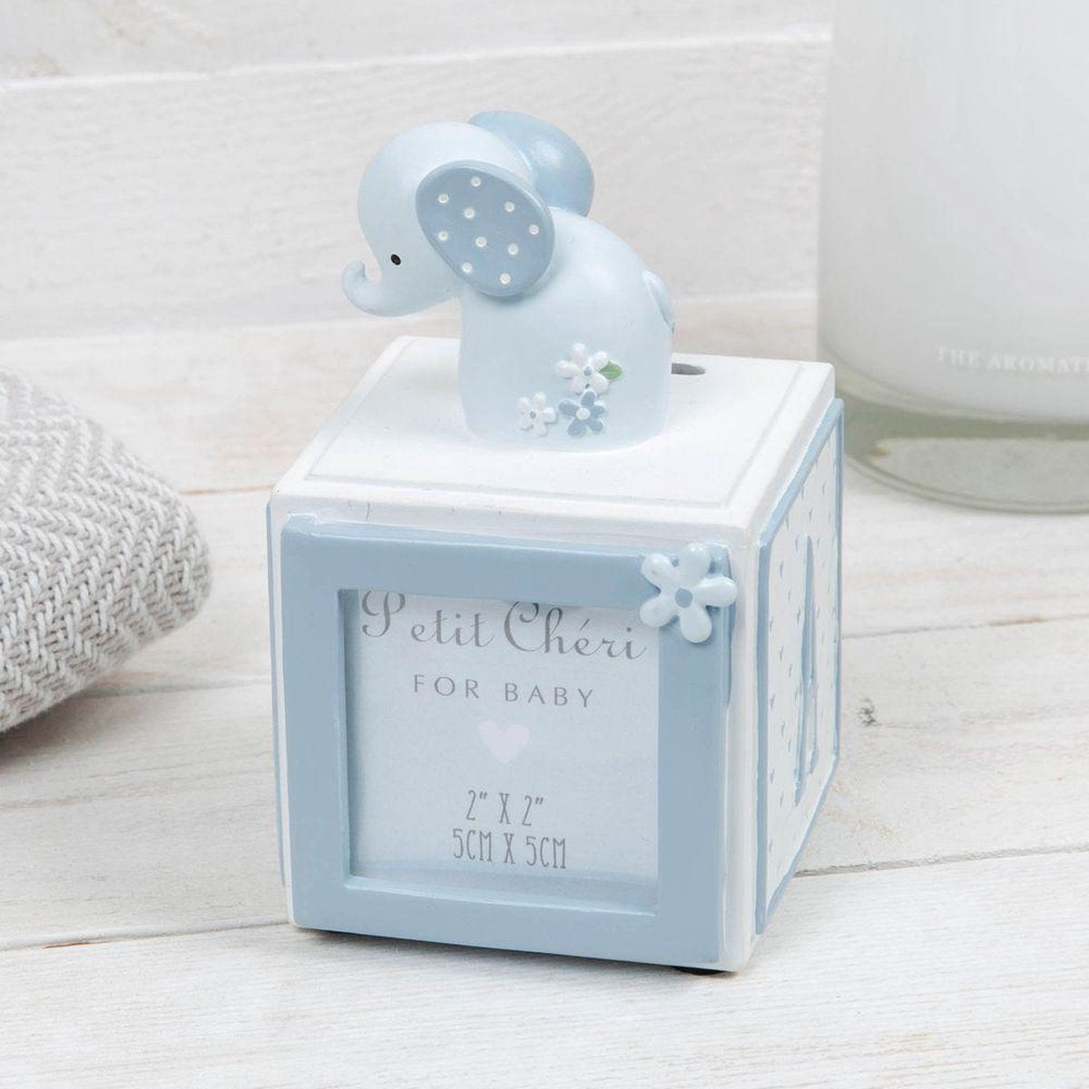 spaarpot olifant blauw met foto's