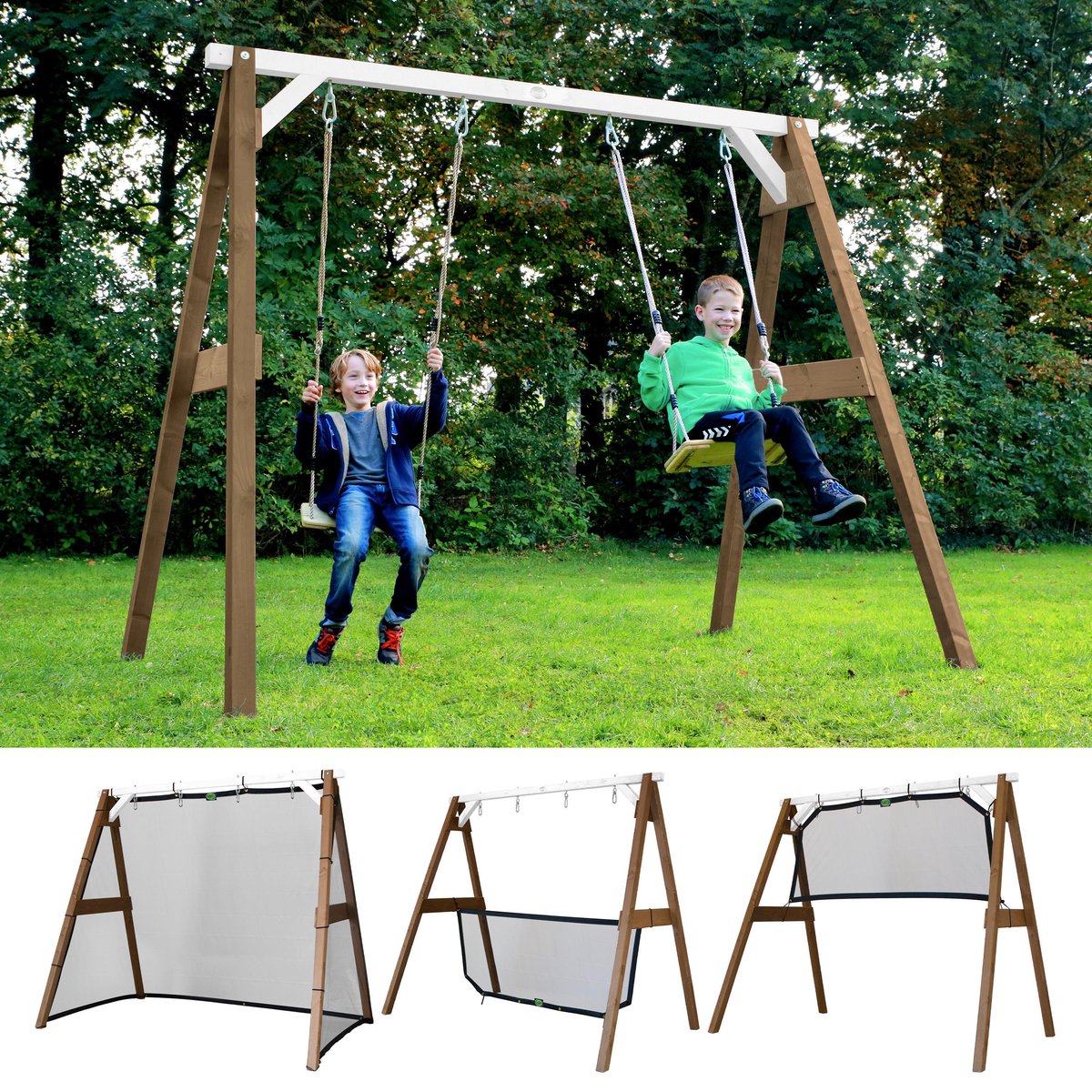 4-in-1 SportsFun Bruin/wit - FSC 100% Hout - Wisselen tussen schommel - voetbal - volley - tennis
