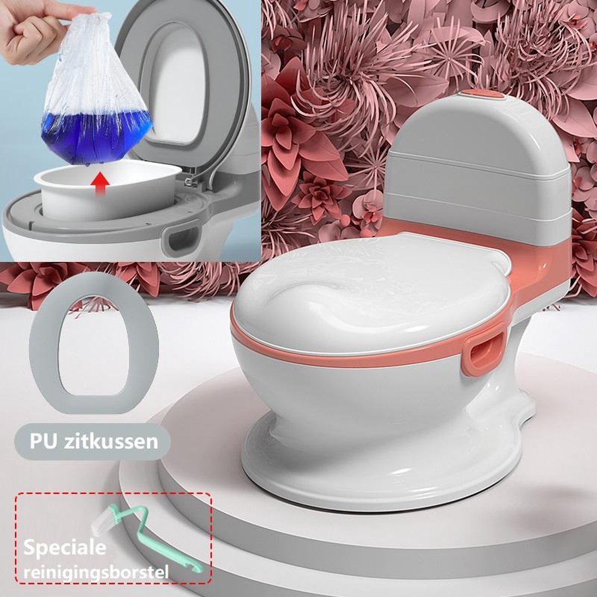 Potje met 300 poepzakjes + Borsteltje + Zacht PU Zitkussen + Binnenpotje - Wit & Roze - Luxe XL Toilettrainer - Plaspotje - Comfortabel Peuter Kindertoilet - BabyPotje - Toilettrainer - "Net echt toilet!" - WC potje peuter – Potty training seat
