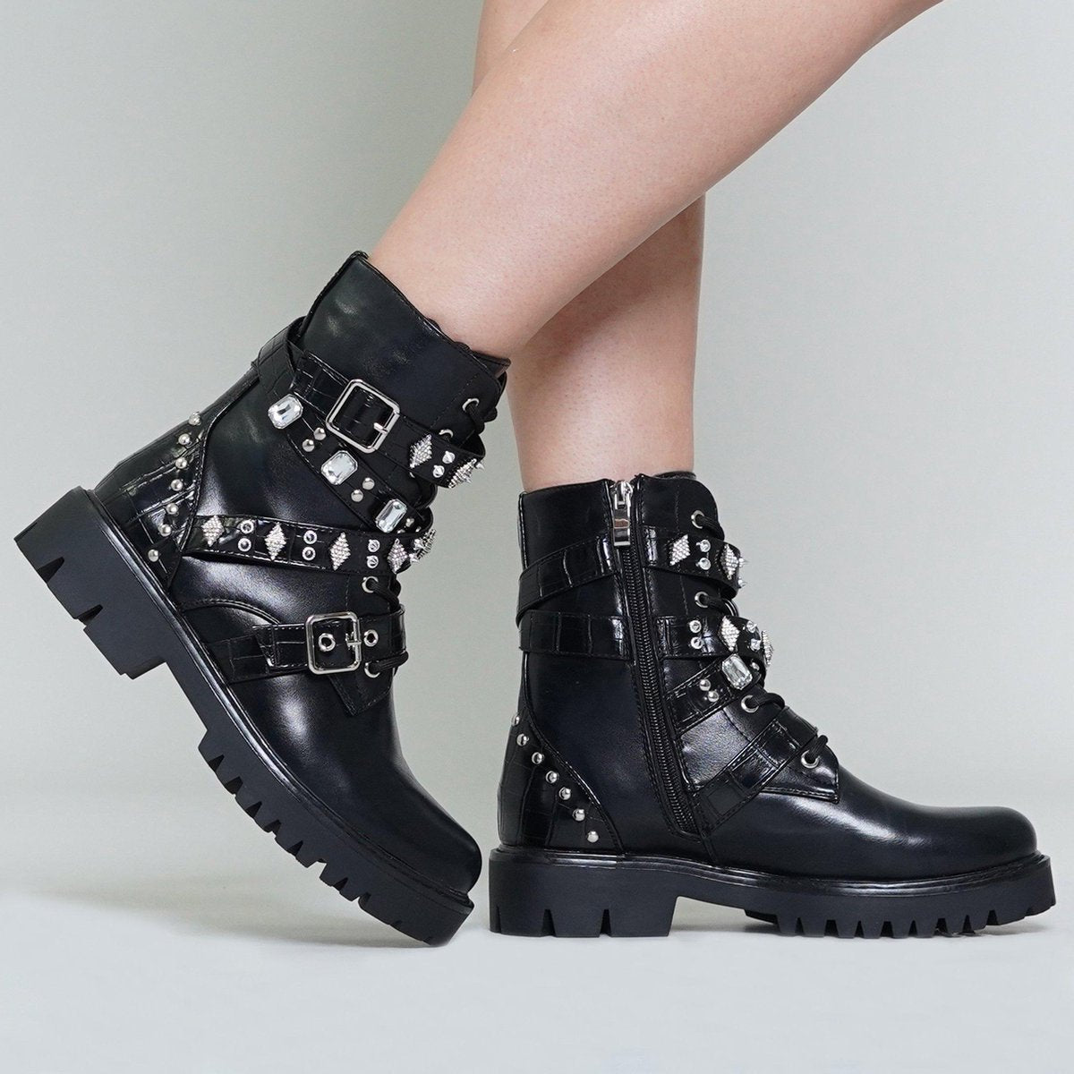 Zwarte lederlook laarsjes met studs en gespen 37 / Zwart