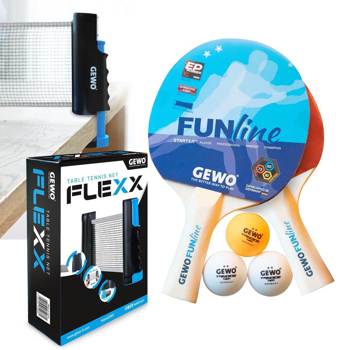 Gewo Tafeltennis Set All-in - 2 Bats + 3 Ping Pong Ballen + 1 Flexx Net
