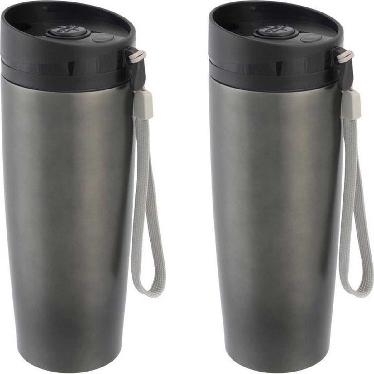 Set van 2x stuks RVS Warmhoudbeker/warm houd beker antraciet staal 380 ml - Isoleerbeker/thermosbekers - Dubbelwandig