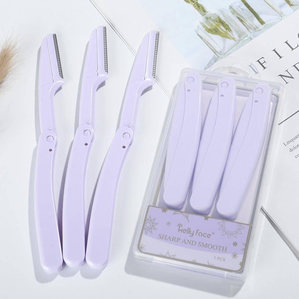 Dermaplaning - Wenkbrauw Scheermesjes - Eyebrow Razor - Inklapbaar - 3 Stuks - Purper