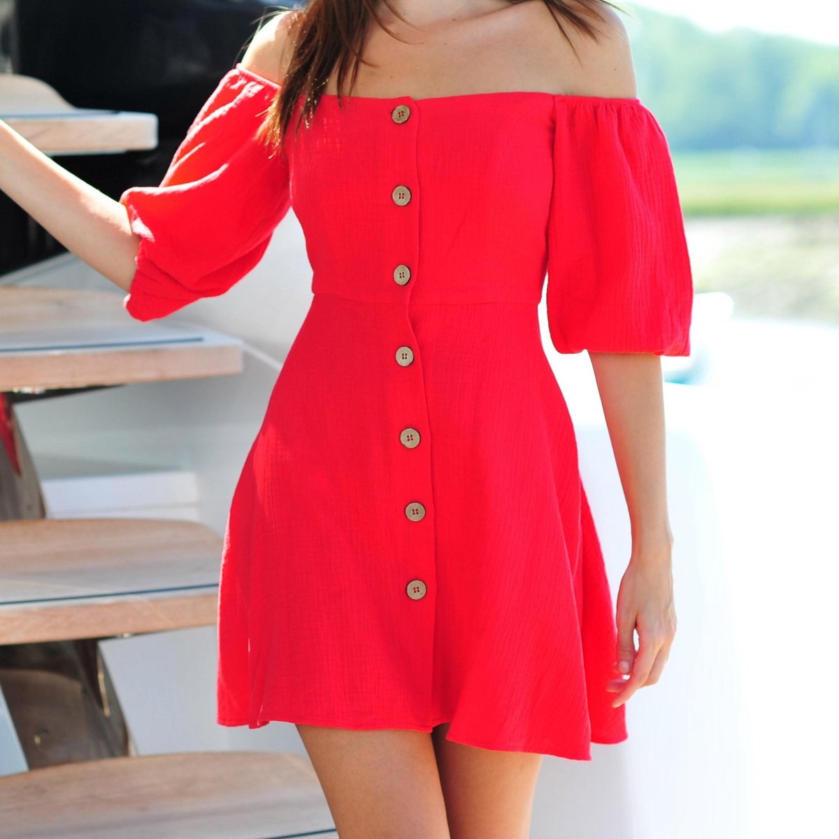 Seafolly Beach Edit Off shoulder dress - Dames Zomerjurk Jurkje Rood - Katoen Sexy - Maat S