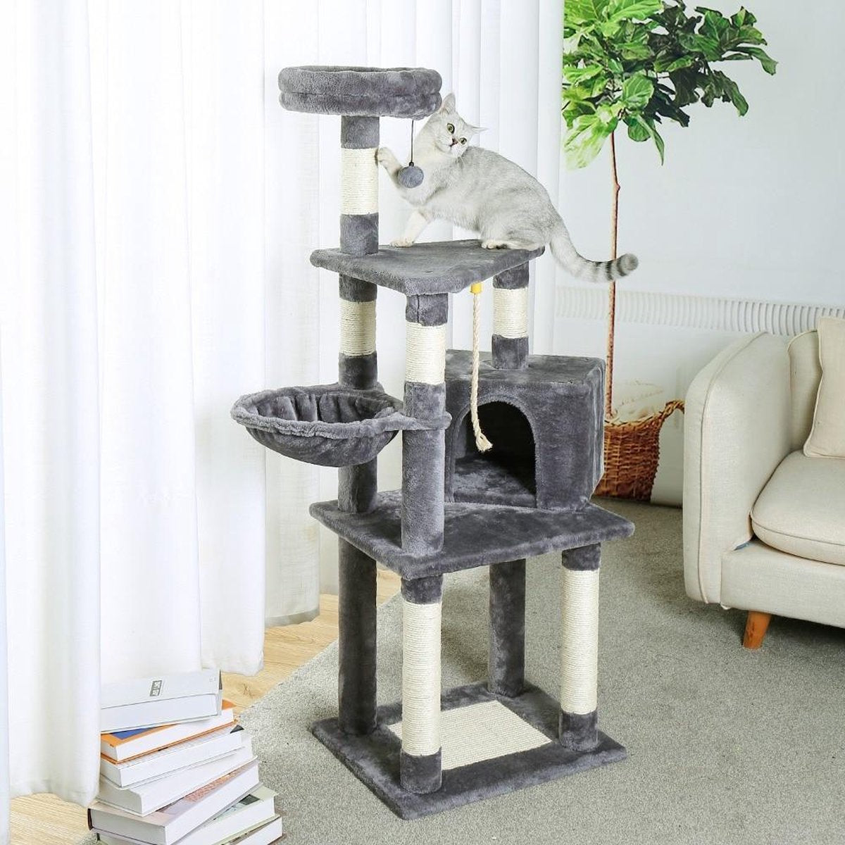 Baymate Krabpaal Cando Cat's Activity Center met dubbele condos Zachte zitstok Volledig ingepakte krabpalen van sisal voor katten AMT0056GY