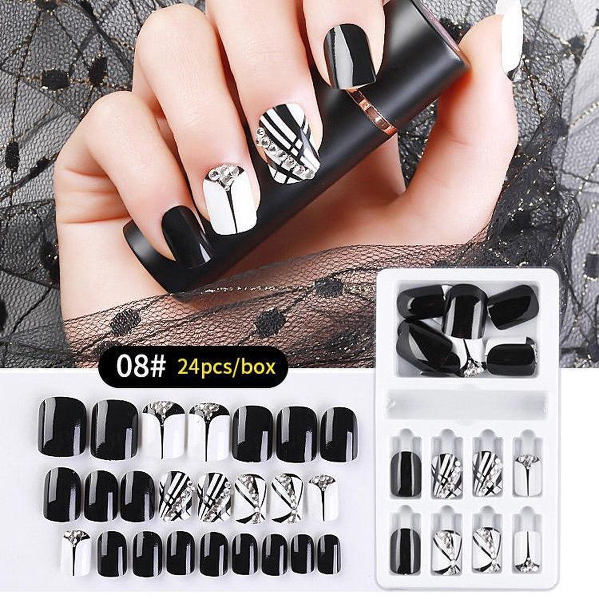 Herbruikbare Kunstnagels Strass #8 Zwart/Wit 24st.