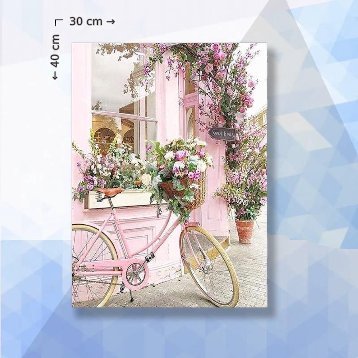 Diamond Painting Pakket Roze Bloemen Fiets - vierkante steentjes - 30 x 40 cm