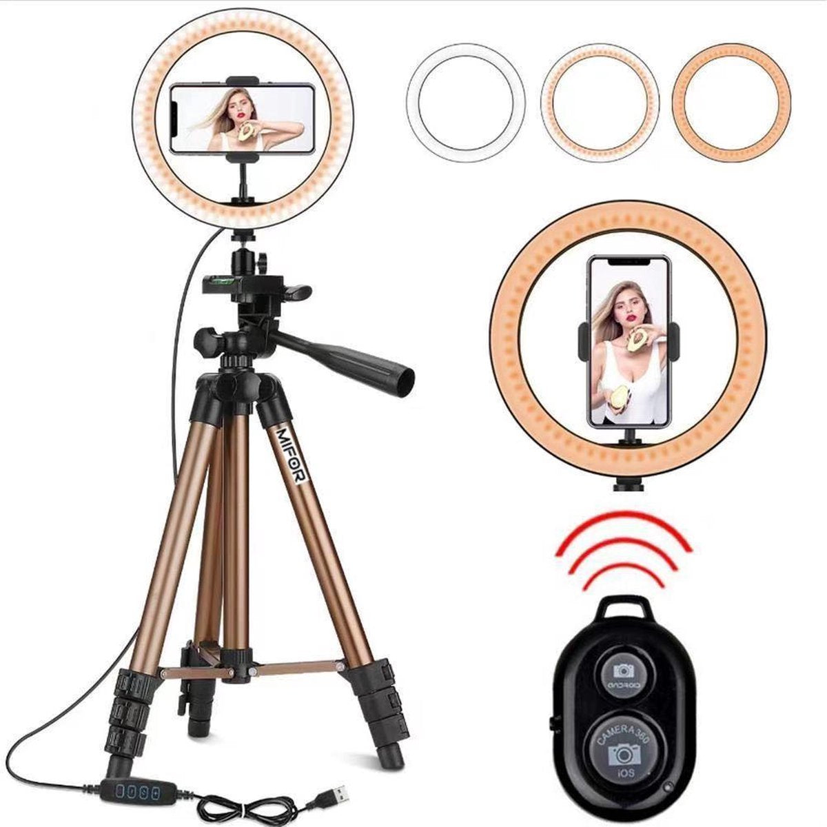 MIFOR® LED Ringlamp + Afstandbediening bluetooth + Gouden statief (verstelbaar vanaf 40 cm -125 cm ) incl. telefoonhouder - Filmen - TikTok - Make-Up lamp - Gouden statief