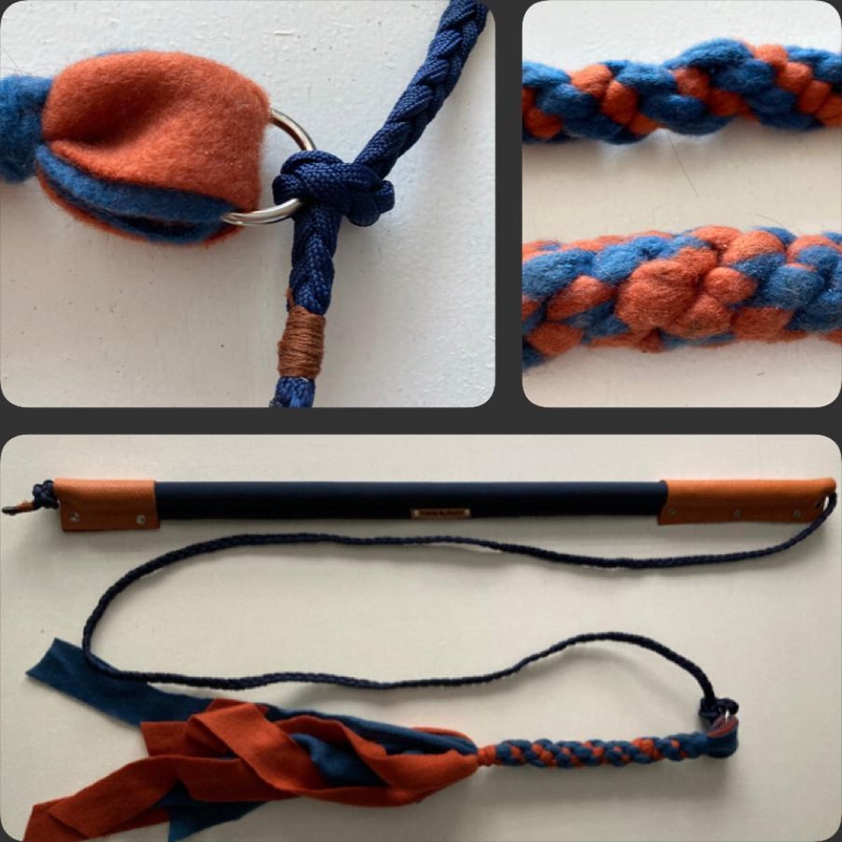 Hondenspeelgoed. Flirtpole maat 2 in de kleuren donkerblauw en bruin. Hondenhengel. Hondentraining. MadeByShuko