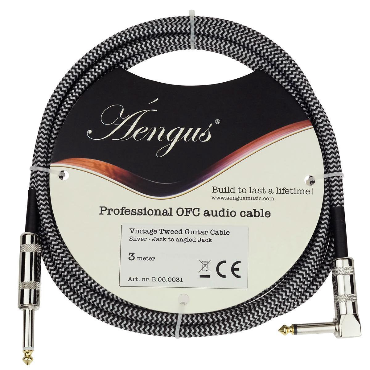 Áengus Silver Tweed Gitaarkabel - instrumentkabel 3 meter - 6.35mm mono jack plug haaks/recht - zilv