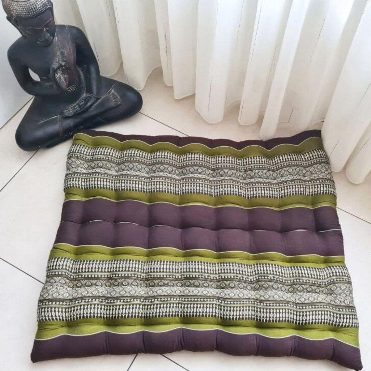 Zabuton – Meditatiemat – Zitkussen - Thais kussen/mat – Extra groot - Kapokvulling – 70x70cm -  Groen/bruin