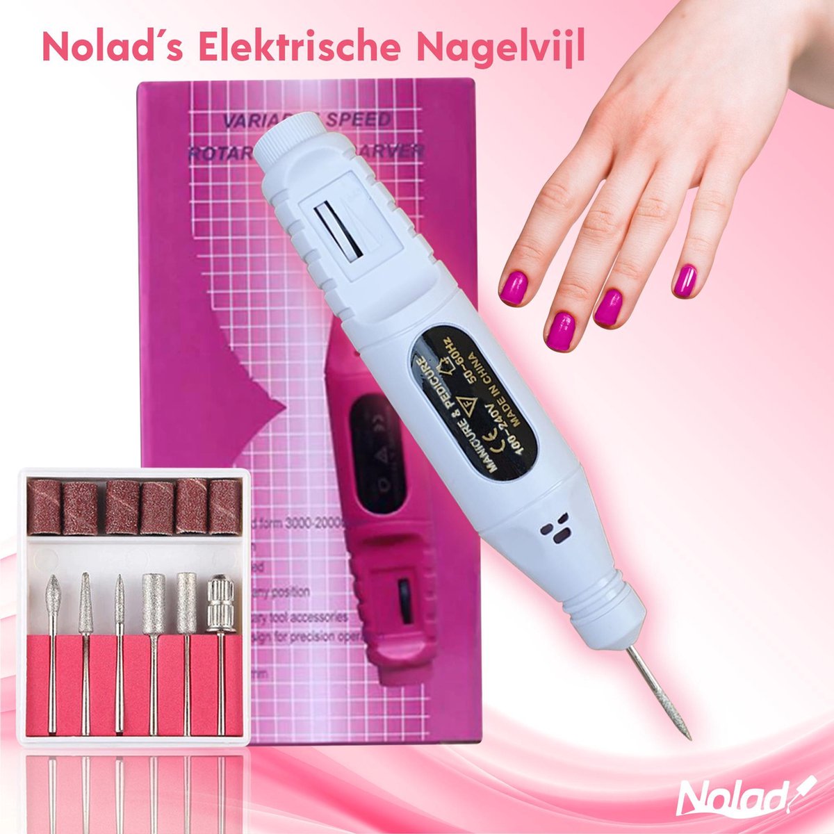 Nolad® Elektrische Nagel Vijl - nagelvijl met Freesjes en rolletjes - 6 bitjes - voor acryl-