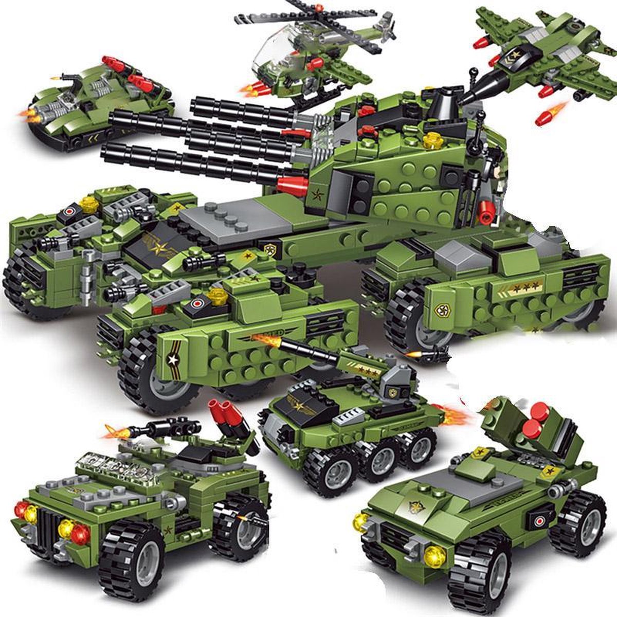 Brickzz | 6 in 1 Battle Tanks - Leger voertuigen - Defensie tank - Army vehicle - Military vehicle - Oorlogsvoertuigen - Helikopter - Humvee - Oorlog - Kanon - Schieten - City - Geschikt voor LEGO - Compatibel met LEGO - 710 Bouwstenen