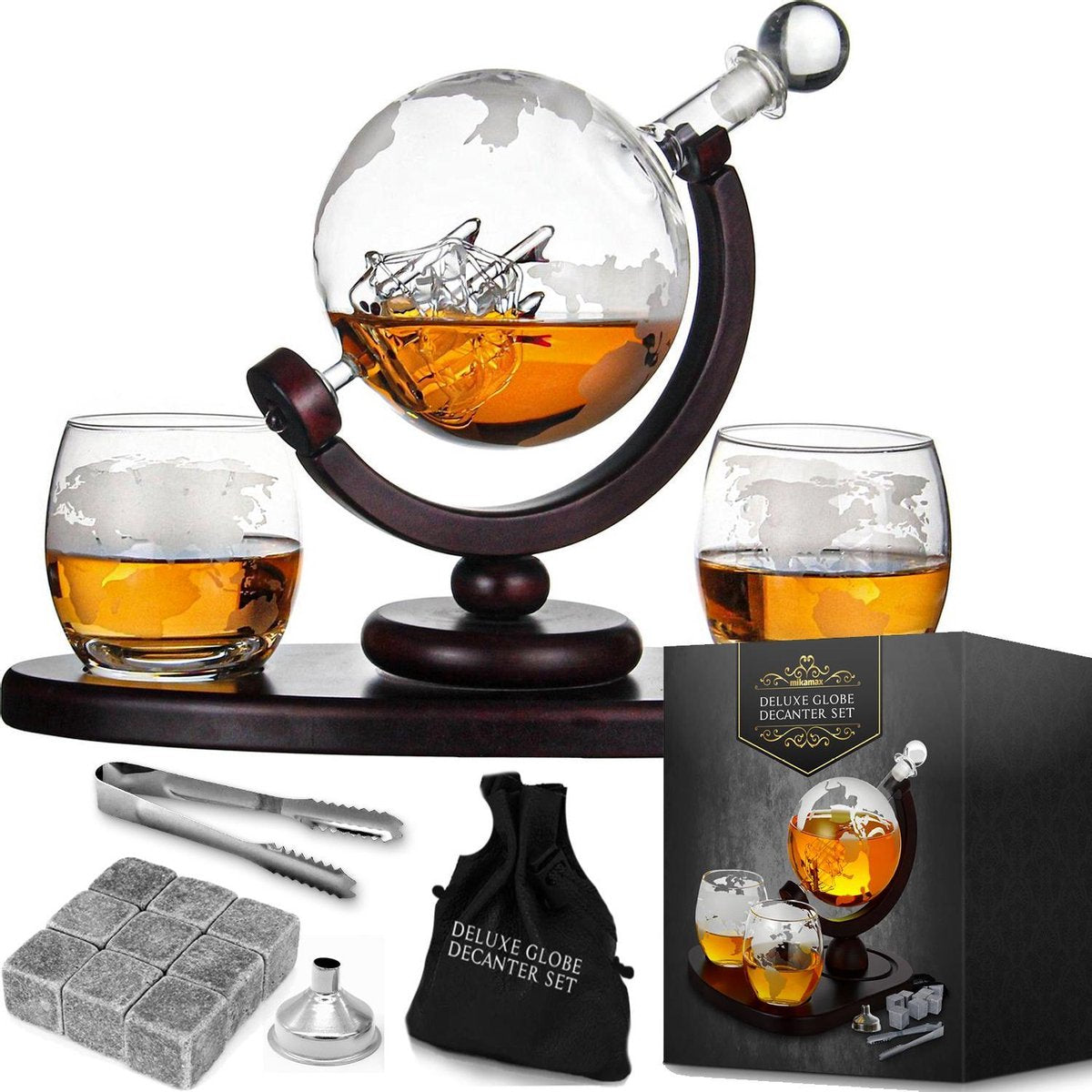 Mikamax Whiskey Globe Decanter Set Deluxe –  Luxe uitvoering - Incl. 2 glazen en whiskey stones – 900ML