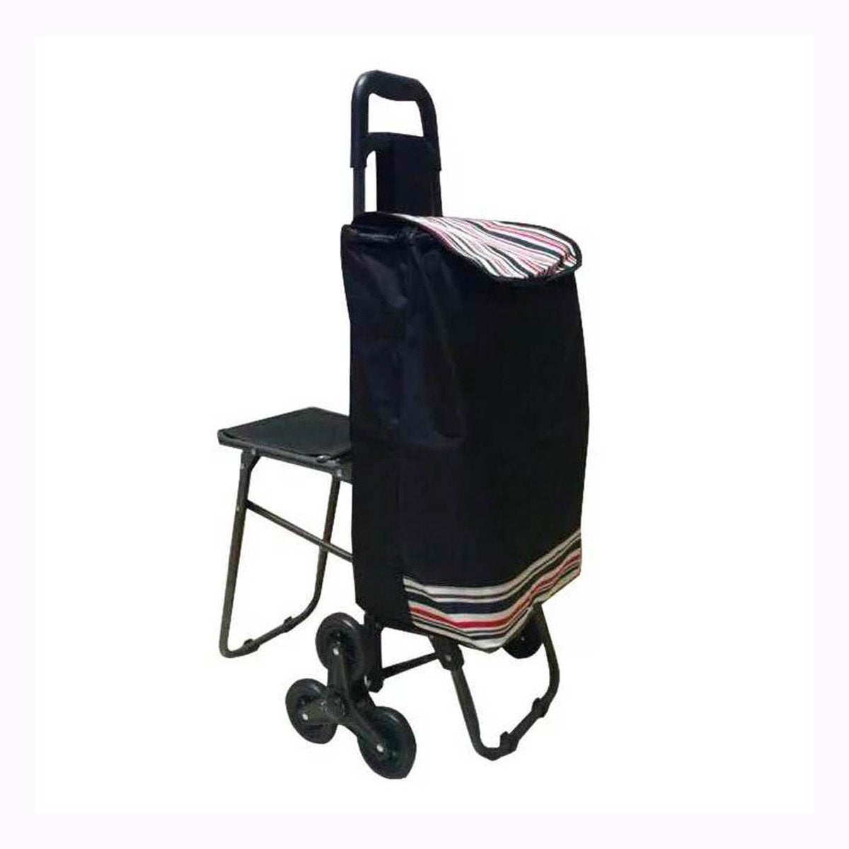Trolley voor Boodschappen met Zitje – Stevige Opvouwbare Boodschappentrolley Handige Traploper met 6 Wielen – Ruime Trolley Wagen / Tas met Handig Stoeltje – Zwart