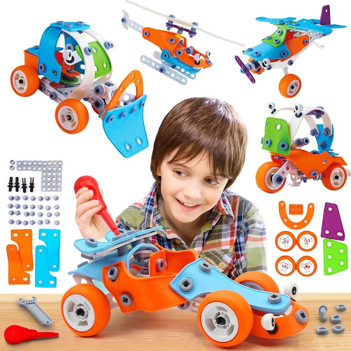 Build & Play Educatief Speelgoed - WithGoods® 5 in 1 Bouwpakket Voor Kinderen -  Speelgoed Gereedschap - Constructiespeelgoed - STEM Speelgoed - Incl Bouwboekje - 132 Bouwstenen