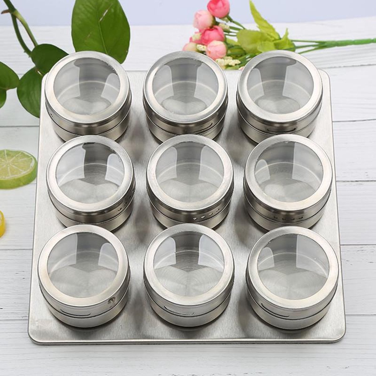 TDR - Roestvrijstale Magnetisch Kruidenrek met 9 kruidenpotjes-kruiden en specerijen rek -silver
