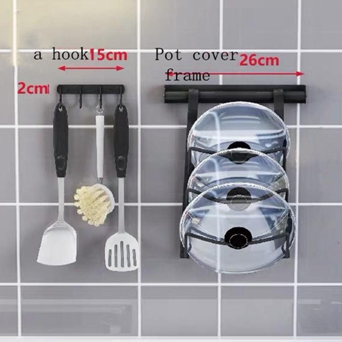 TDR - 1x Pannen organizer (max 3 stuks) + 1x Keugengerei organizer ( max 4 stuks) - ophangbaar - RVS - zwart