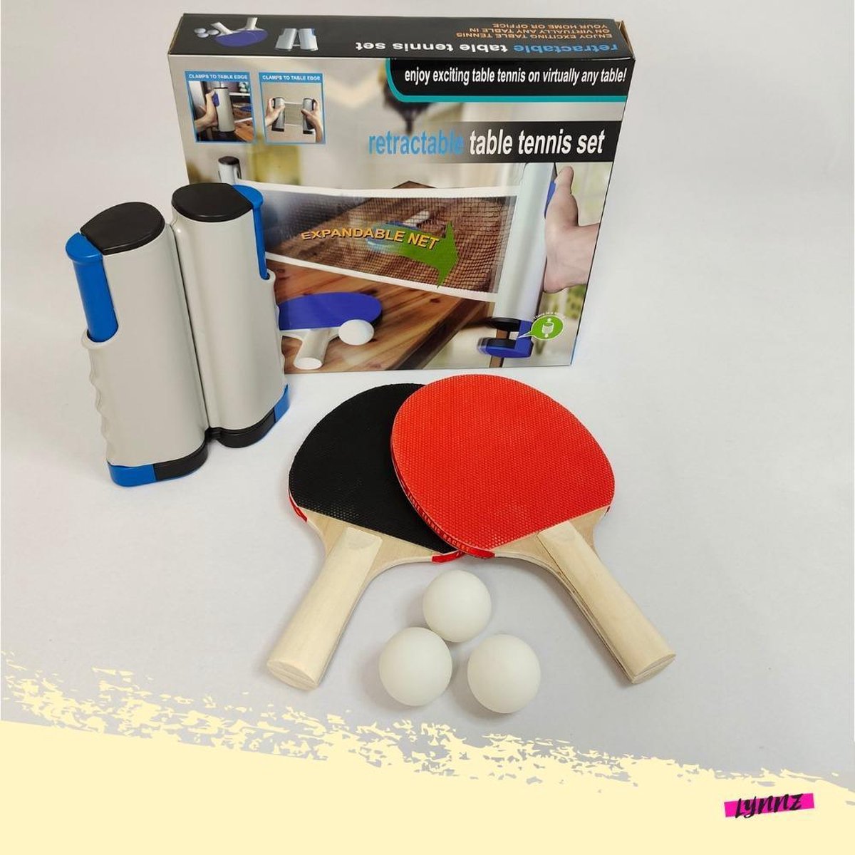 Lynnz® Pingpong set met tafeltennis net pingpongballen en batjes | uitschuifbaar - complete set - setje - netje - ballen - tafeltennisbatjes