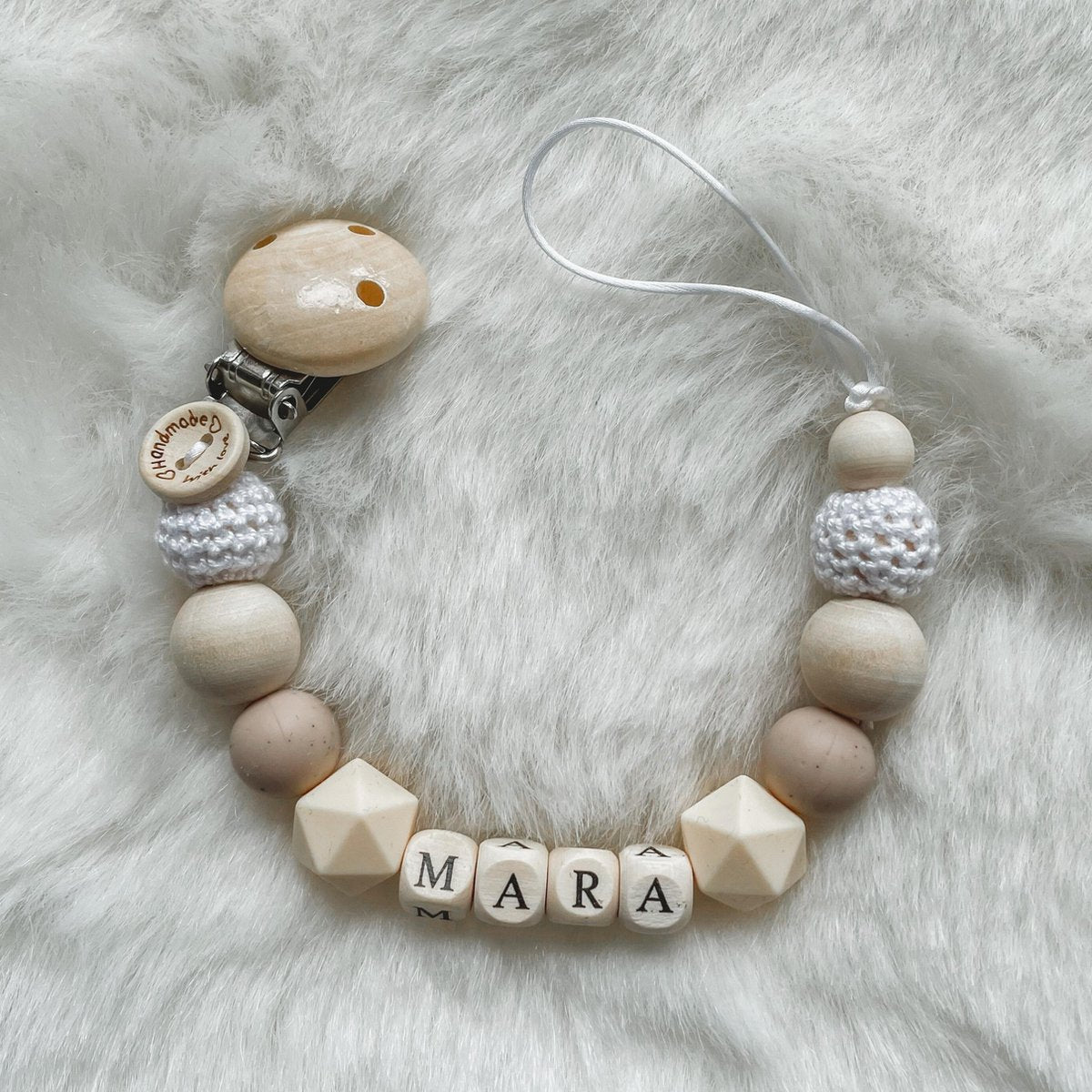 Babybeads - Speenkoord met naam - Neutrale zandkleurtjes met wit