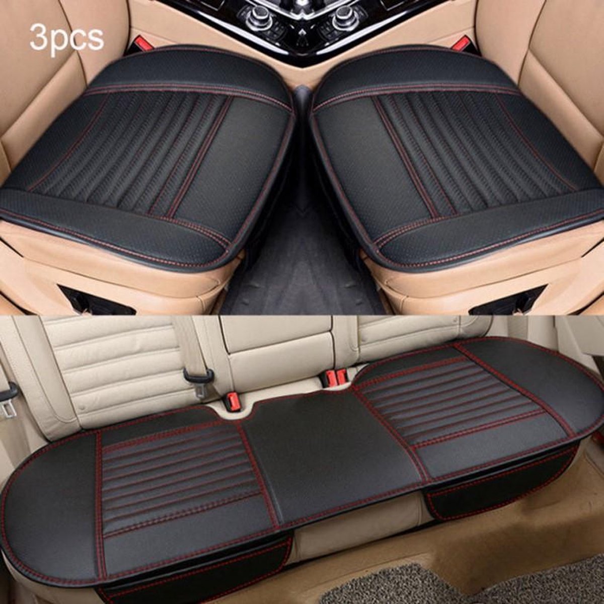 Autostoelhoes - Auto accessories interieur - Autohoes - Stoelhoezen - Autostoel beschermer - Leer - Set 3 stuks - Zwart/Rood