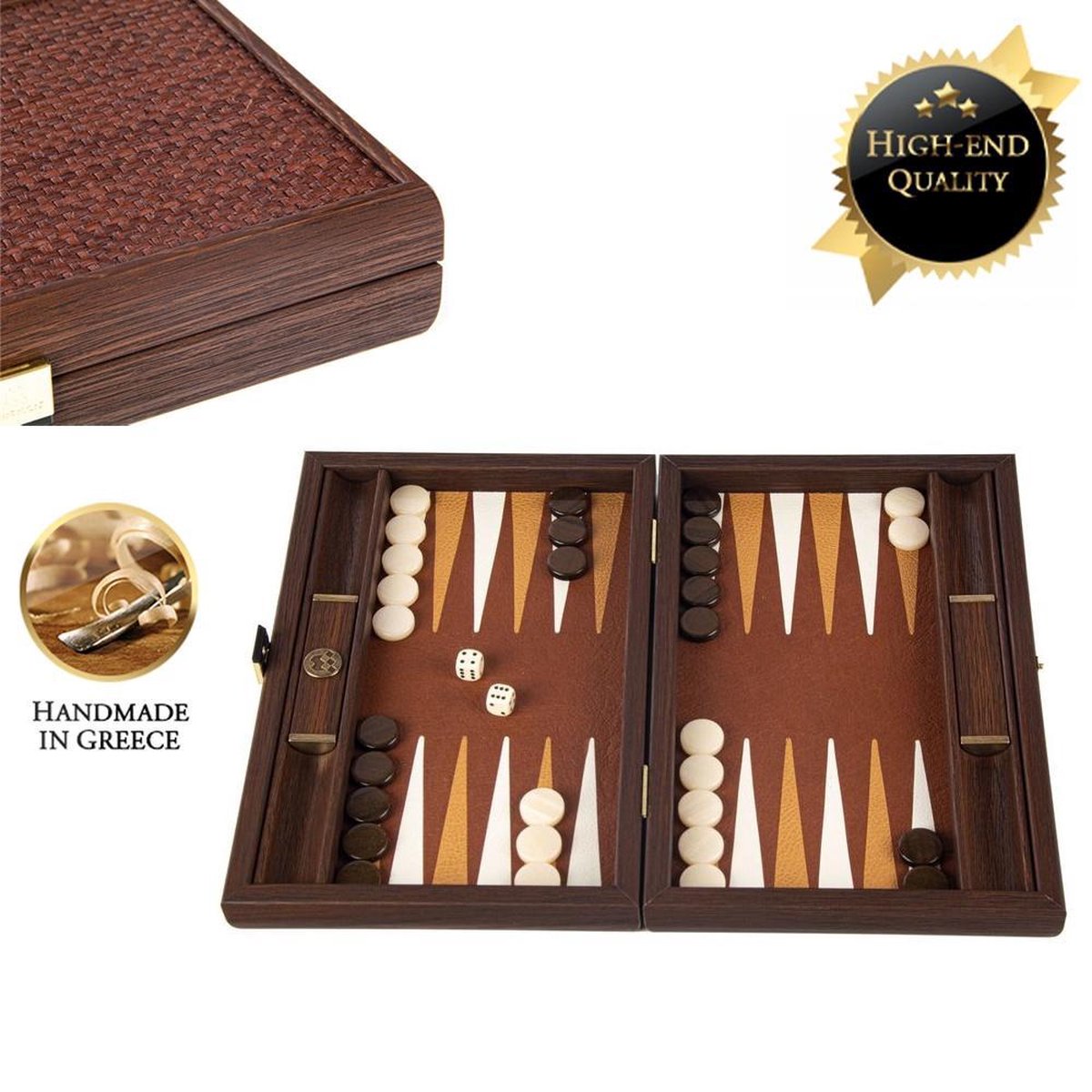 Leatherette Braided Straw Backgammon spel - in donker Bruin - 20x30cm  Top Kwaliteit