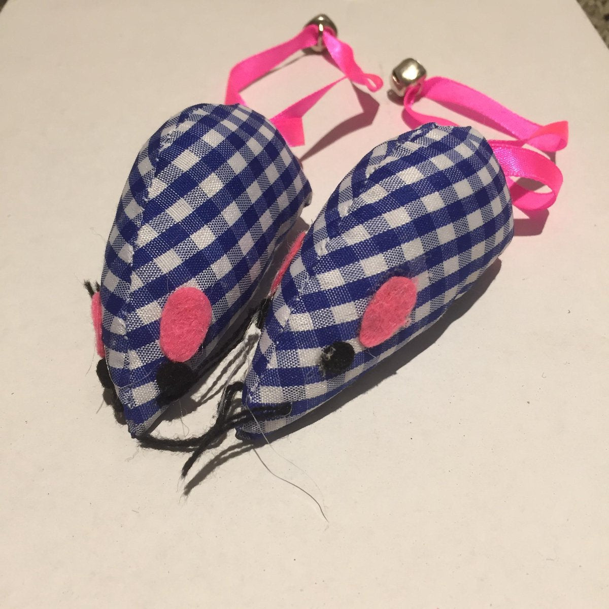 Speelmuis Blauw Wit Geblokt met belletje | 2 stuks