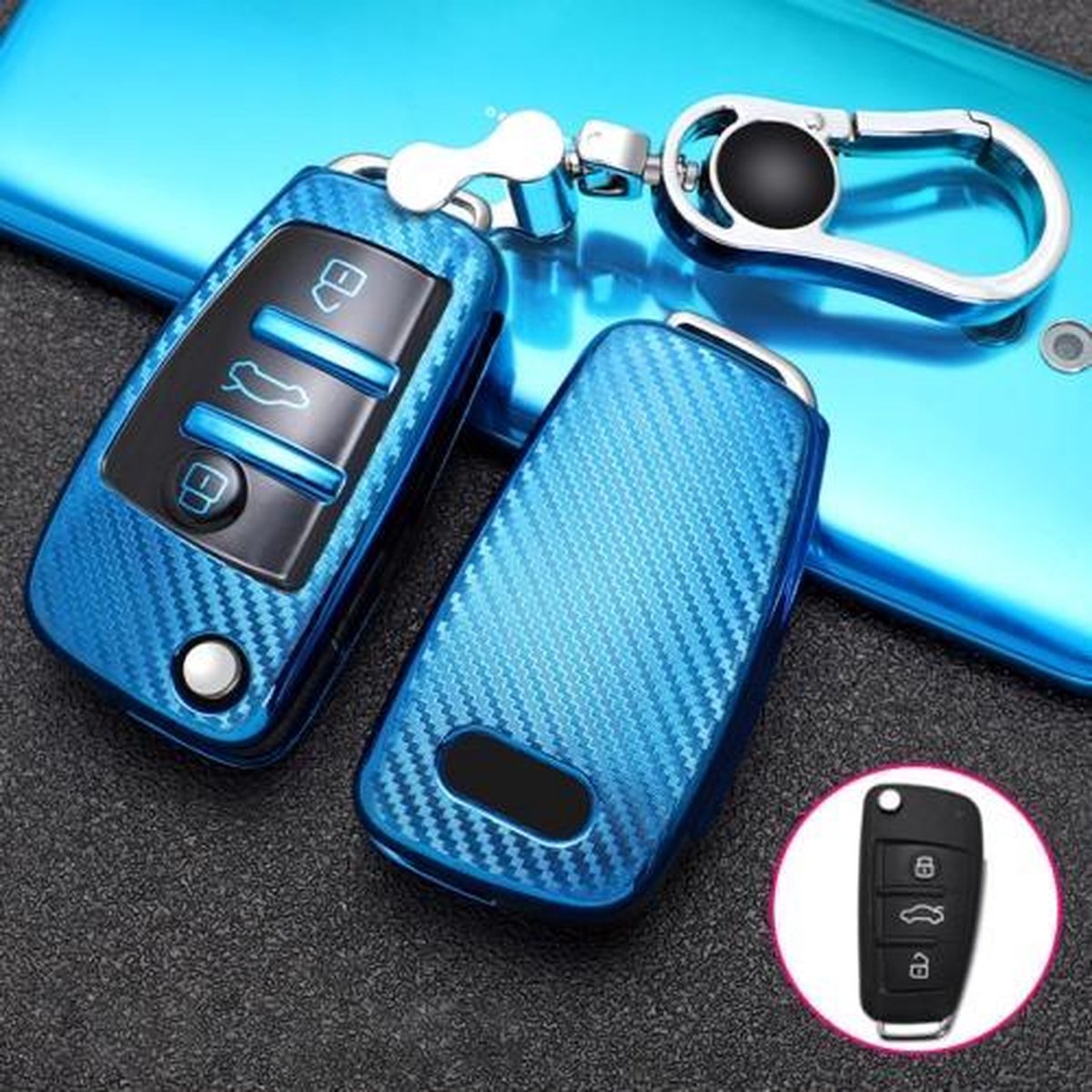 Voor Audi vouwen 3-knops auto TPU sleutel beschermhoes sleutelhoes met sleutelring (blauw)