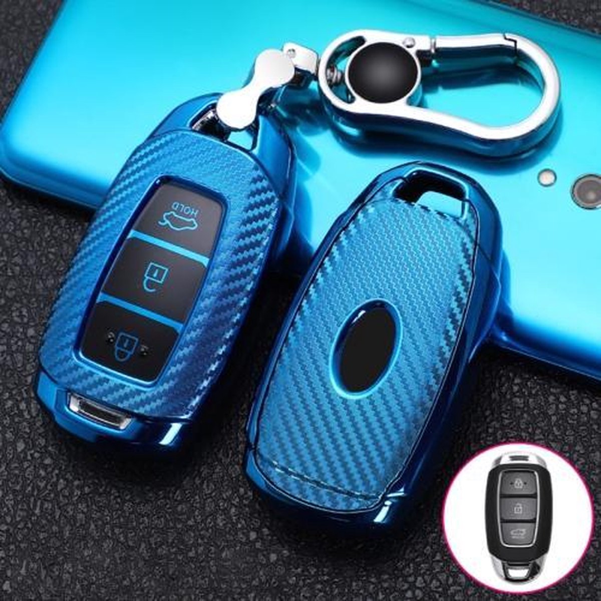 Voor Hyundai IX35 Smart 3-knops auto TPU sleutel beschermhoes sleutelhoes met sleutelring (blauw)