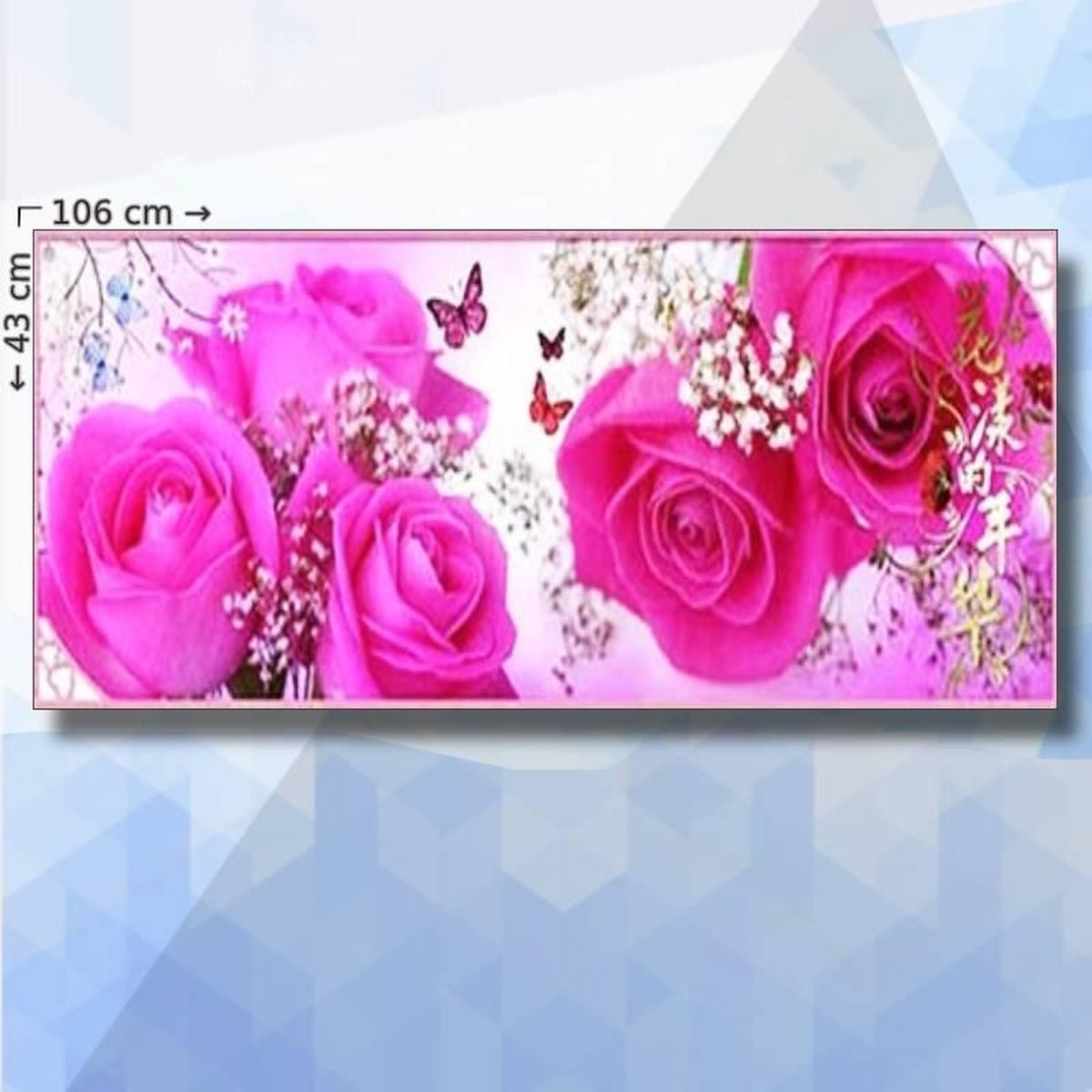Diamond Painting Pakket Roze Rozen Met Vlinders - vierkante steentjes - 106 x 43 cm