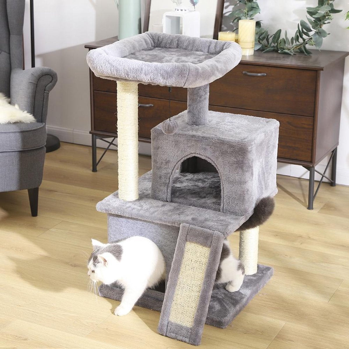 TBG Huisdier Krabpaal Speelgoed Condo Kat Klimtoren Multi-layer Met Hangmat Kat Huis Meubels Krabben Massief Houten Post voor Kat AMT0014GY