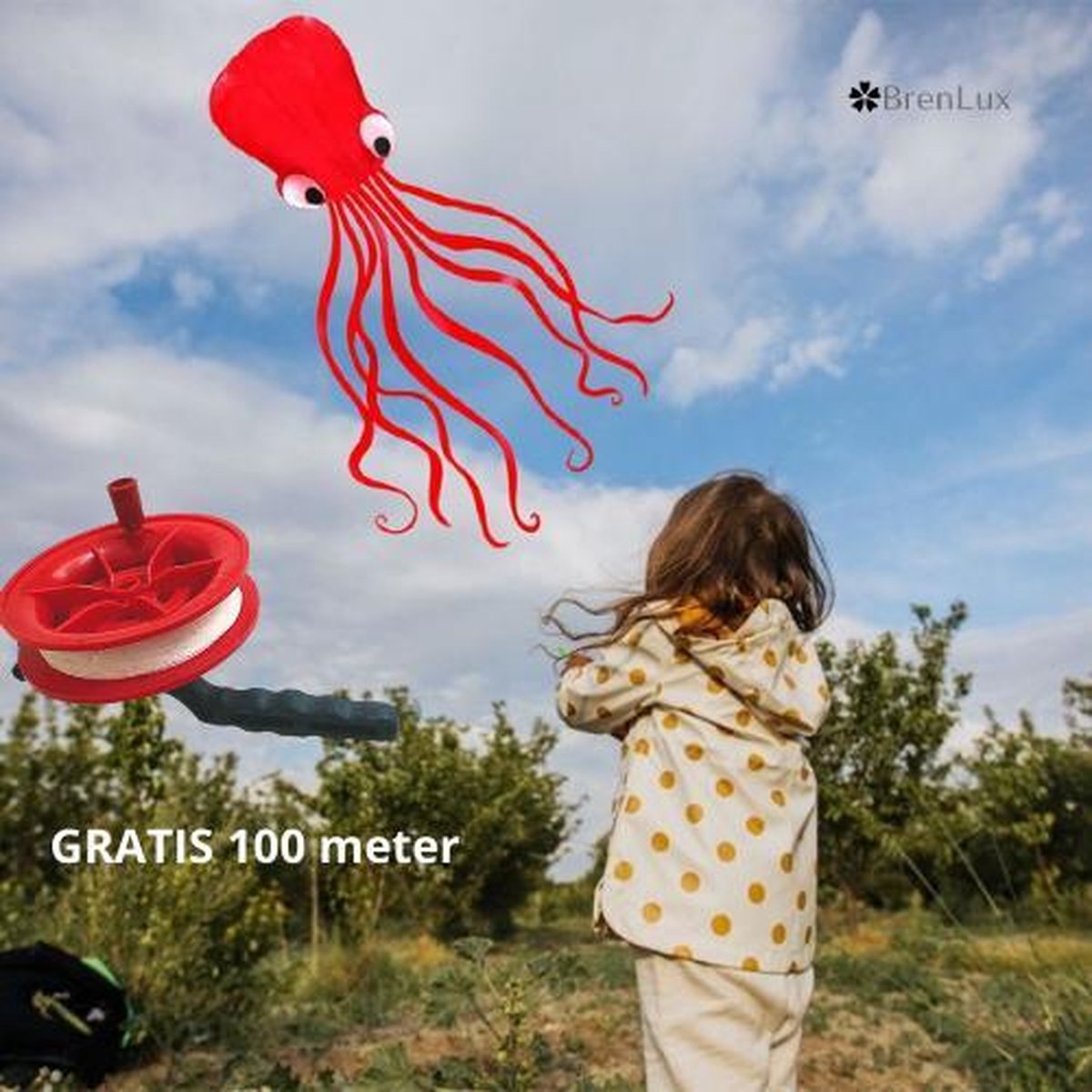 ✿BrenLux® Windvlieger Octopus- Windvlieger Octopus met GRATIS  100 meter touw - Vlieger met 100 meter lijn - Windvlieger - Strandvlieger - Vlieger Octopus – Vliegeren – Vlieger voor kinderen – Windvlieger 80 x 40cm