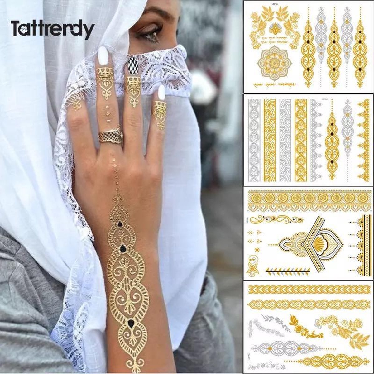 Gouden Zilveren Henna Tattoo | Plakken | Arabisch | Indiaans | Tattoo Set Body Mooie Neppe Tattoo | Bloem Tatoeage | Tijdelijke Tattoos | Nep Tatoeage | Dames Tatoeage | Temporarty Tattoo | Fake Flower Tattoo | Langdurige Nep Tattoo