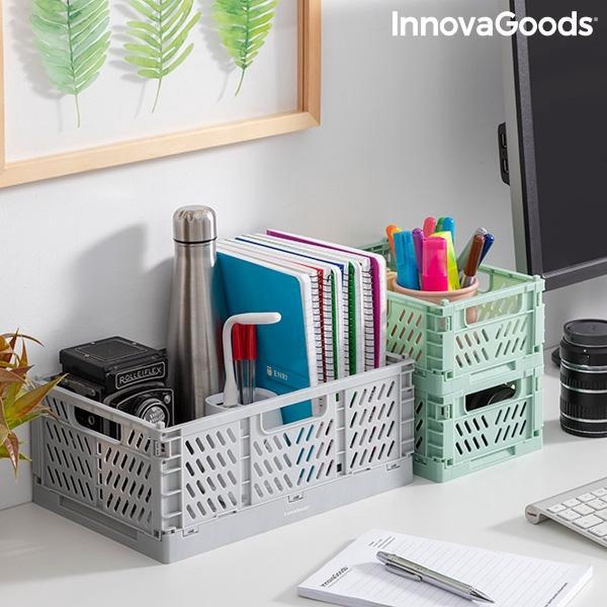 InnovaGoods - Set van 3 opvouwbare opbergkratten - wit en lichtgroen