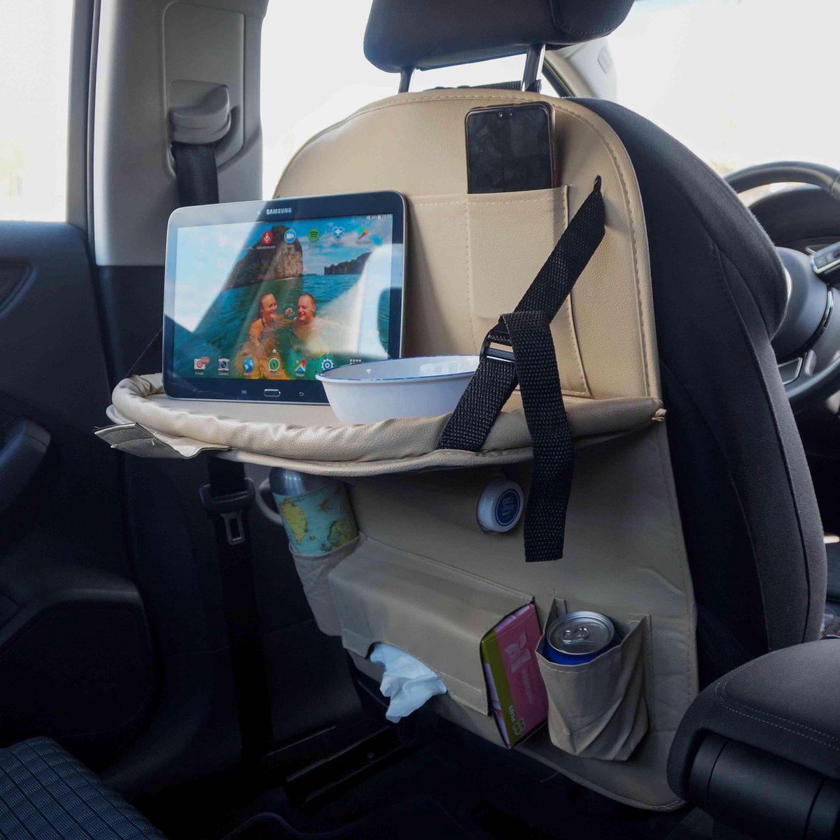 Reismonkey Lederen Autostoel Organizer – Voor Kinderen – Auto Organizer met Tablet Houder - Luxe uitstraling – Beige – PU leer – Auto Accessories – Met tafeltje
