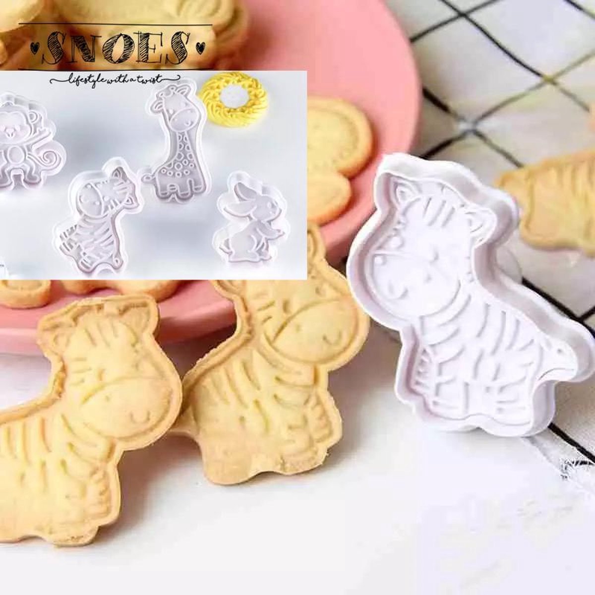 Snoes Uitsteekvormpjes Set Safari Jungle dieren - Giraf Aap Zebra Konijn - Koekvormpjes - Uitsteekvorm koekjes - Cookie Cutter Set