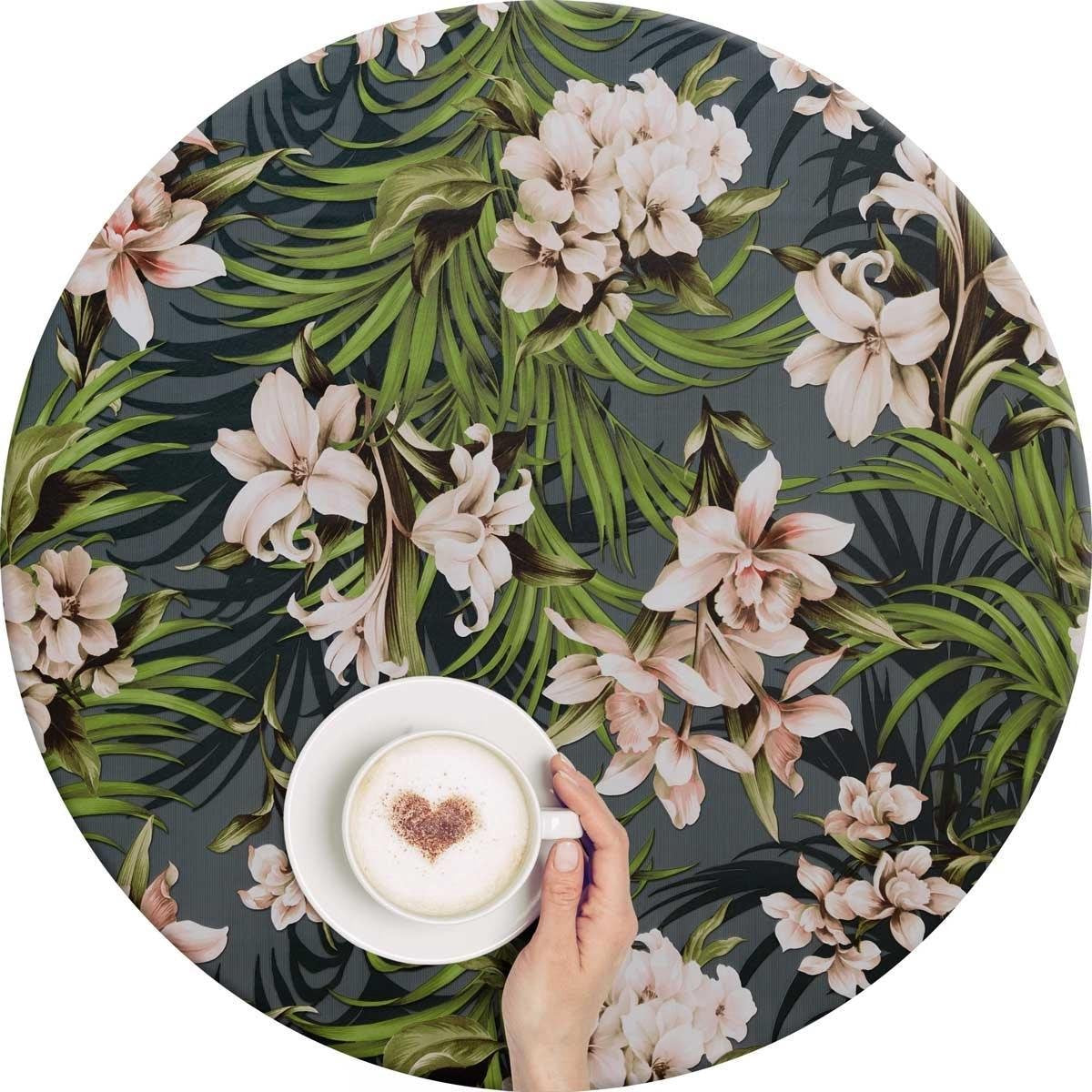 MixMamas Rond Tafelzeil - Ø 140 cm - Hibiscus - Petrol Blauw