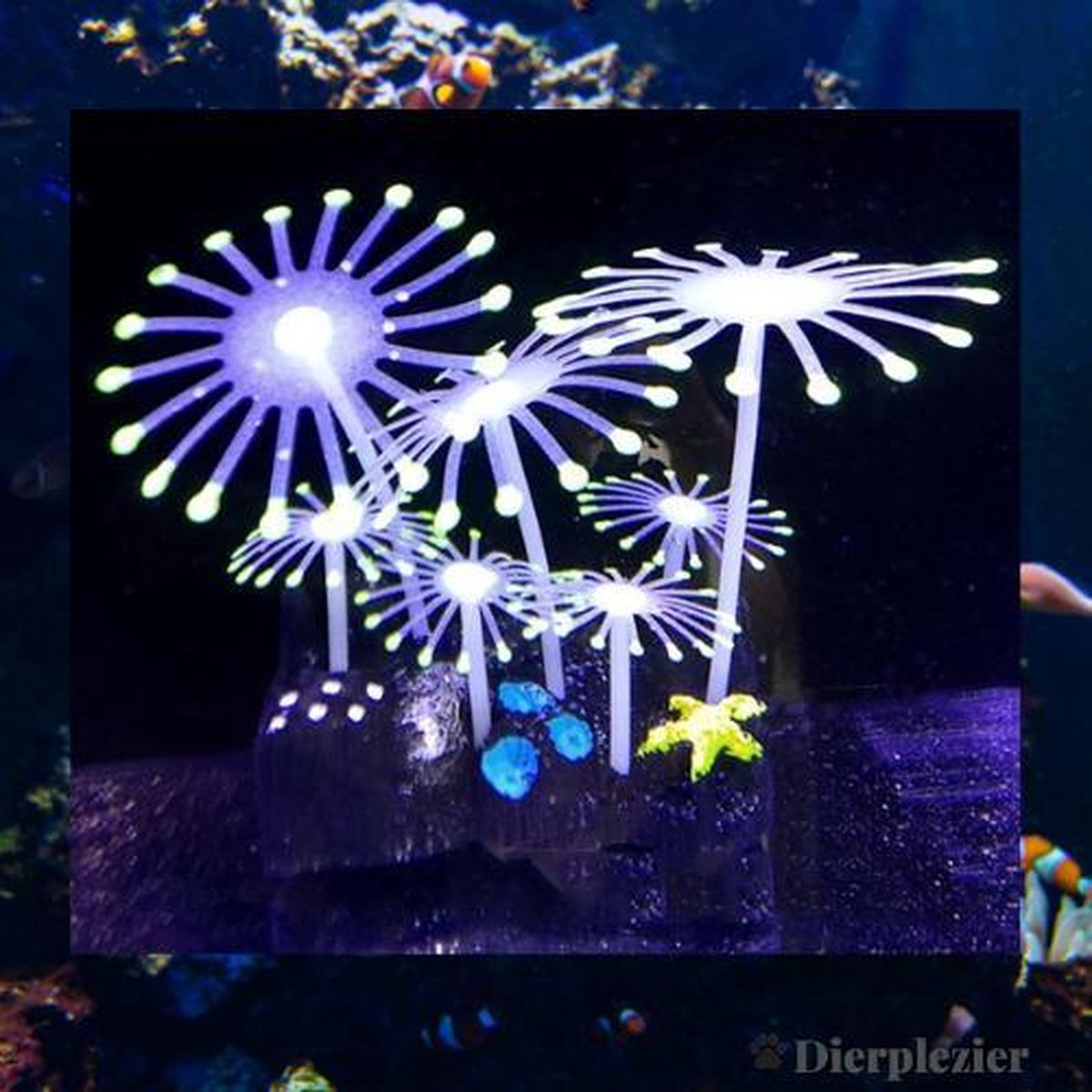 Dierplezier - Aquarium decoratie - Koraal - Kunstplant Aquarium Fluo - Planten voor aquarium - Mooie neon planten –aquariumplant GEEL met rots - Aquariumdecoratie - Aquariumversiering - Benodigdheden aquarium – 10 cm x 9 cm