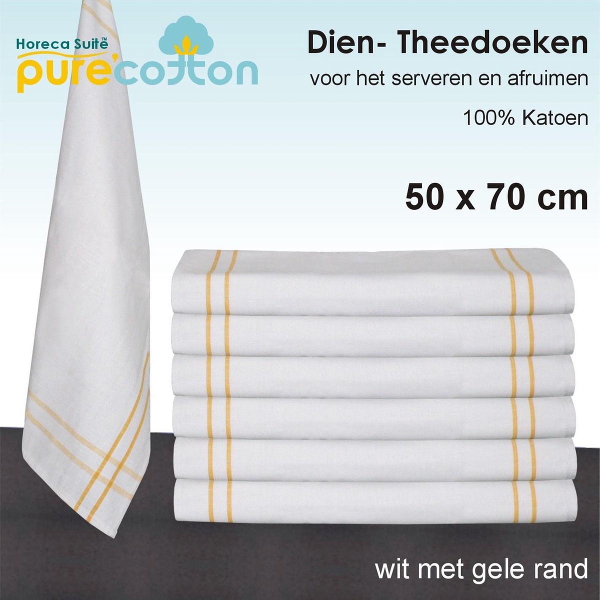 Diendoek / theedoek wit met gele rand "100% katoen" - 12 stuks - 50x70cm | Homéé